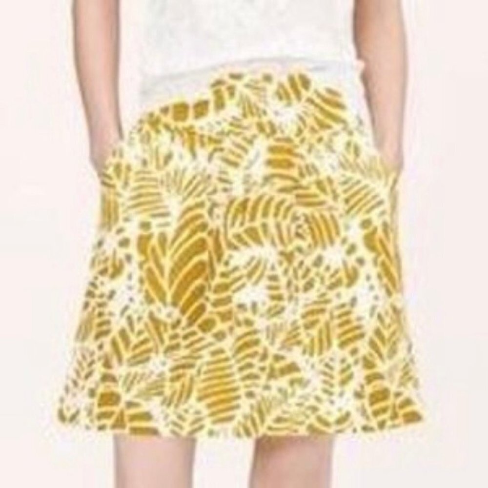 Ann Taylor LOFT Yellow & White Floral Leaf Print Linen Blend Pull On Skirt Sz 00